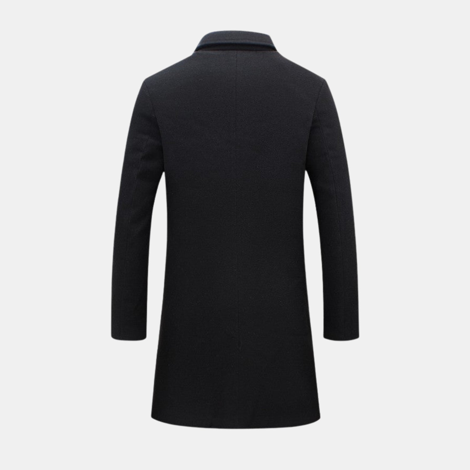 Rückansicht eines schwarzen Wintermantels für Herren – warme und winddichte Trenchcoatjacke für kaltes Wetter