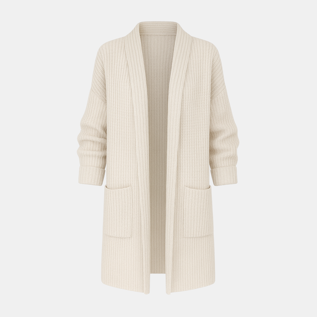 Damen Grobstrick-Cardigan aus Wolle – Langer Offener Strickmantel mit Taschen von Orren & Valé 