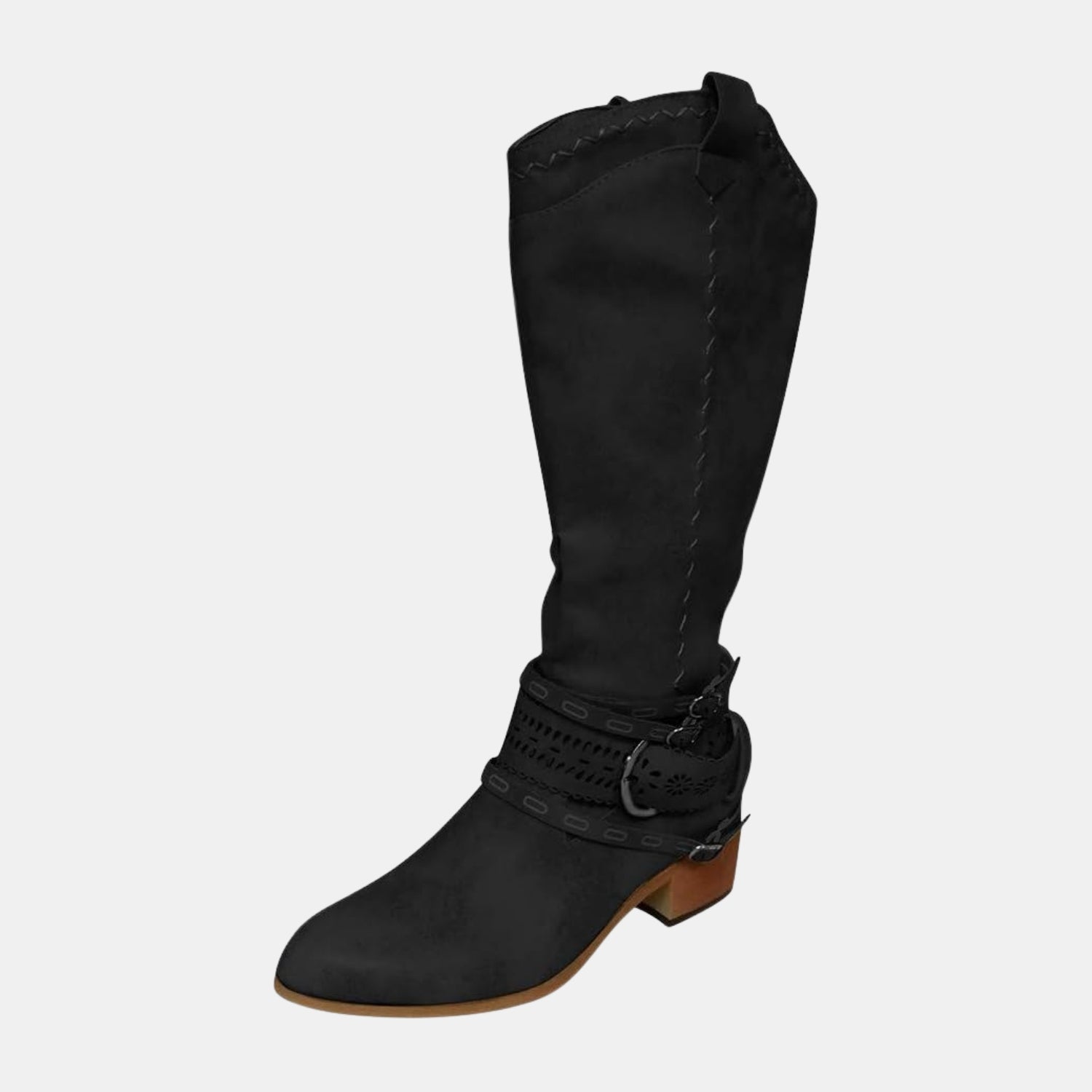 Damen Hohe Stiefel mit Besticktem Schaft & Schnallenriemen – Elegante Boots in Veloursleder-Optik von Orren & Valé