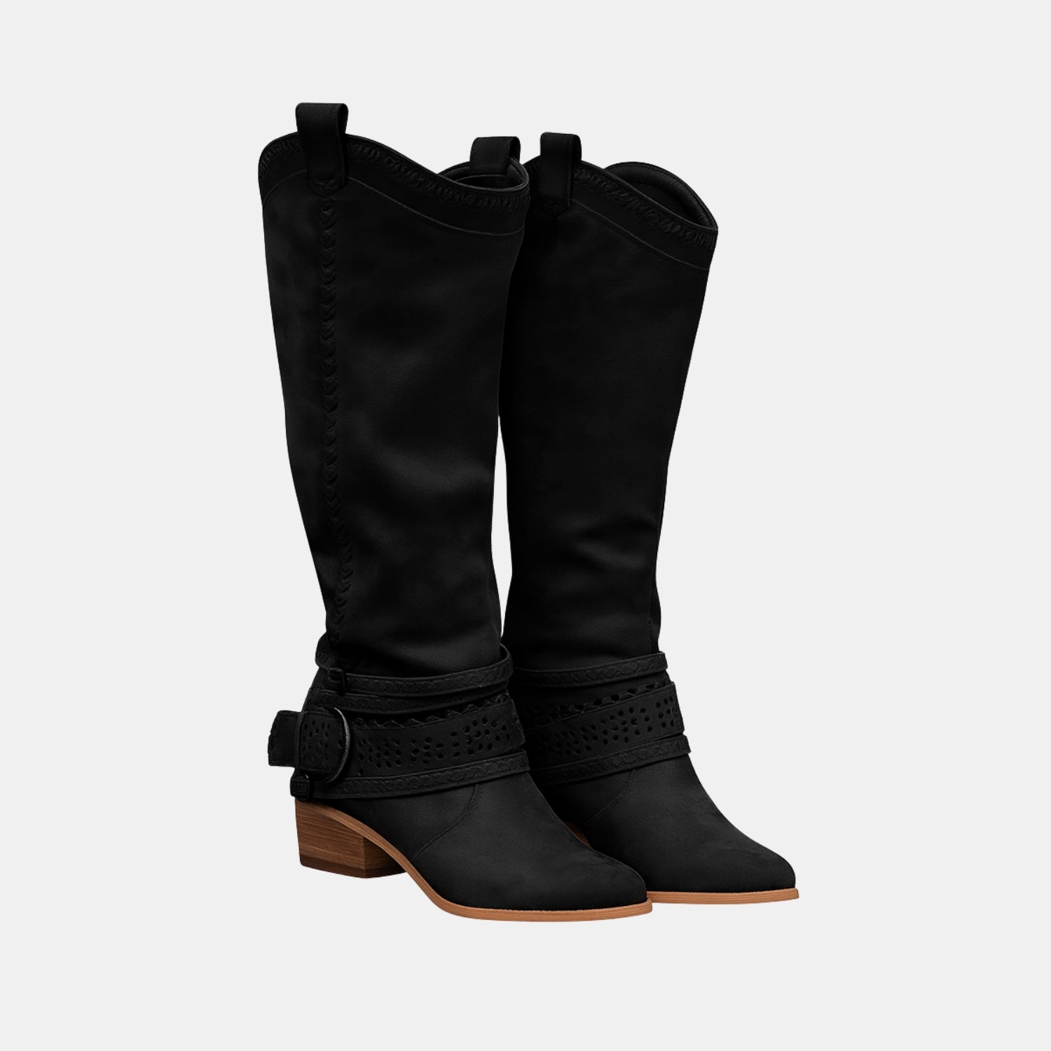 Damen Hohe Stiefel mit Besticktem Schaft & Schnallenriemen – Elegante Boots in Veloursleder-Optik von Orren & Valé