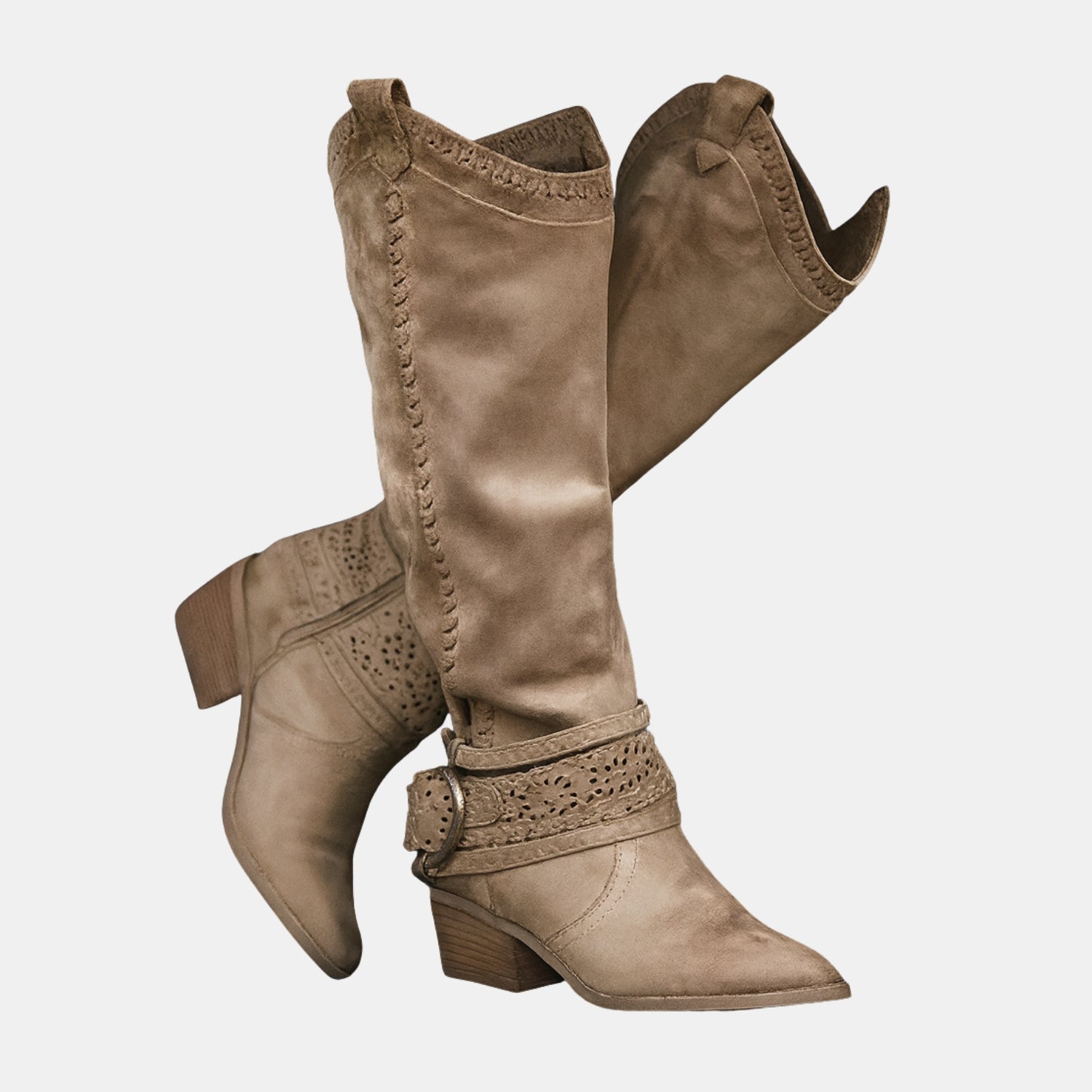 Damen Hohe Stiefel mit Besticktem Schaft & Schnallenriemen – Elegante Boots in Veloursleder-Optik von Orren & Valé