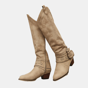 Damen Hohe Stiefel mit Besticktem Schaft & Schnallenriemen – Elegante Boots in Veloursleder-Optik von Orren & Valé