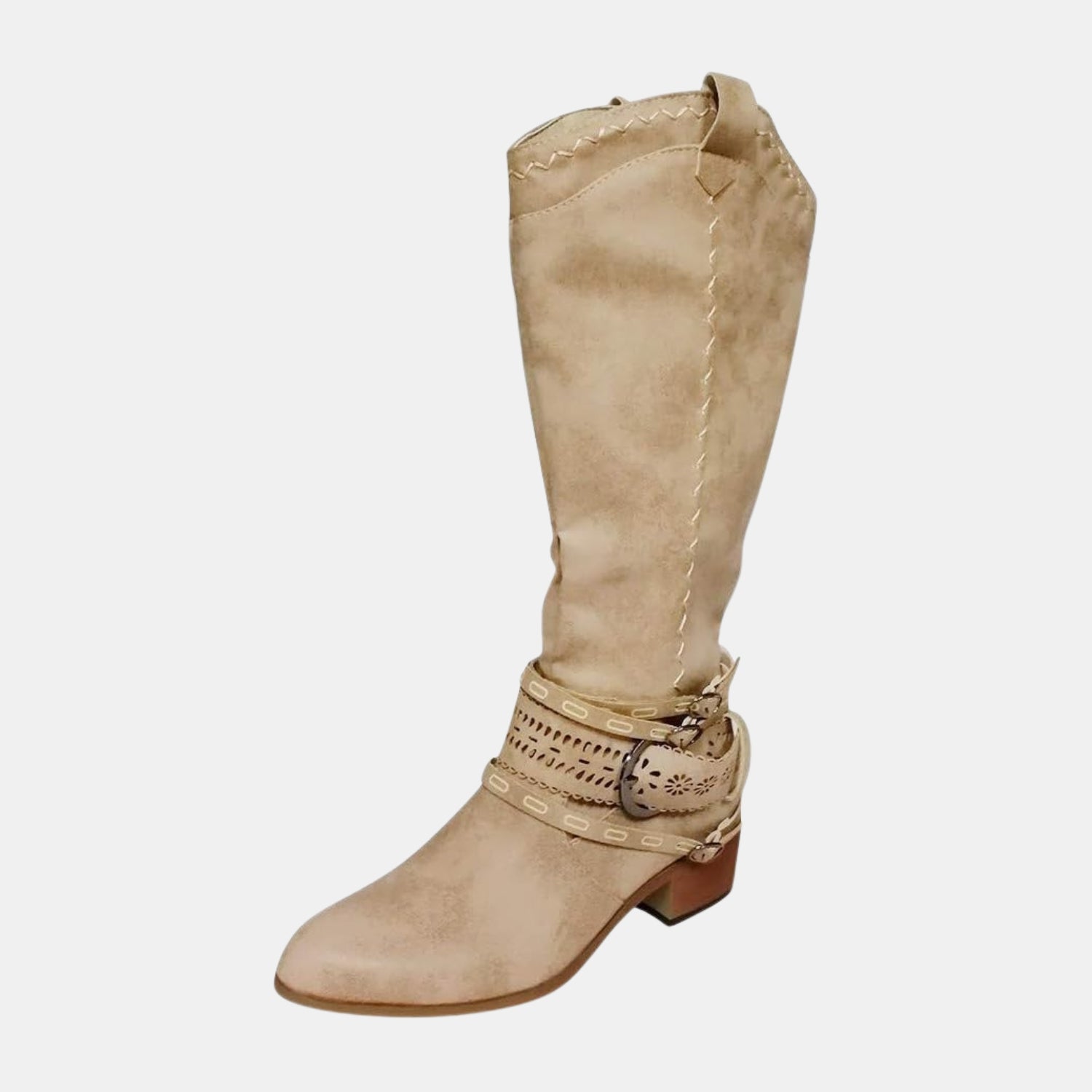 Damen Hohe Stiefel mit Besticktem Schaft & Schnallenriemen – Elegante Boots in Veloursleder-Optik von Orren & Valé