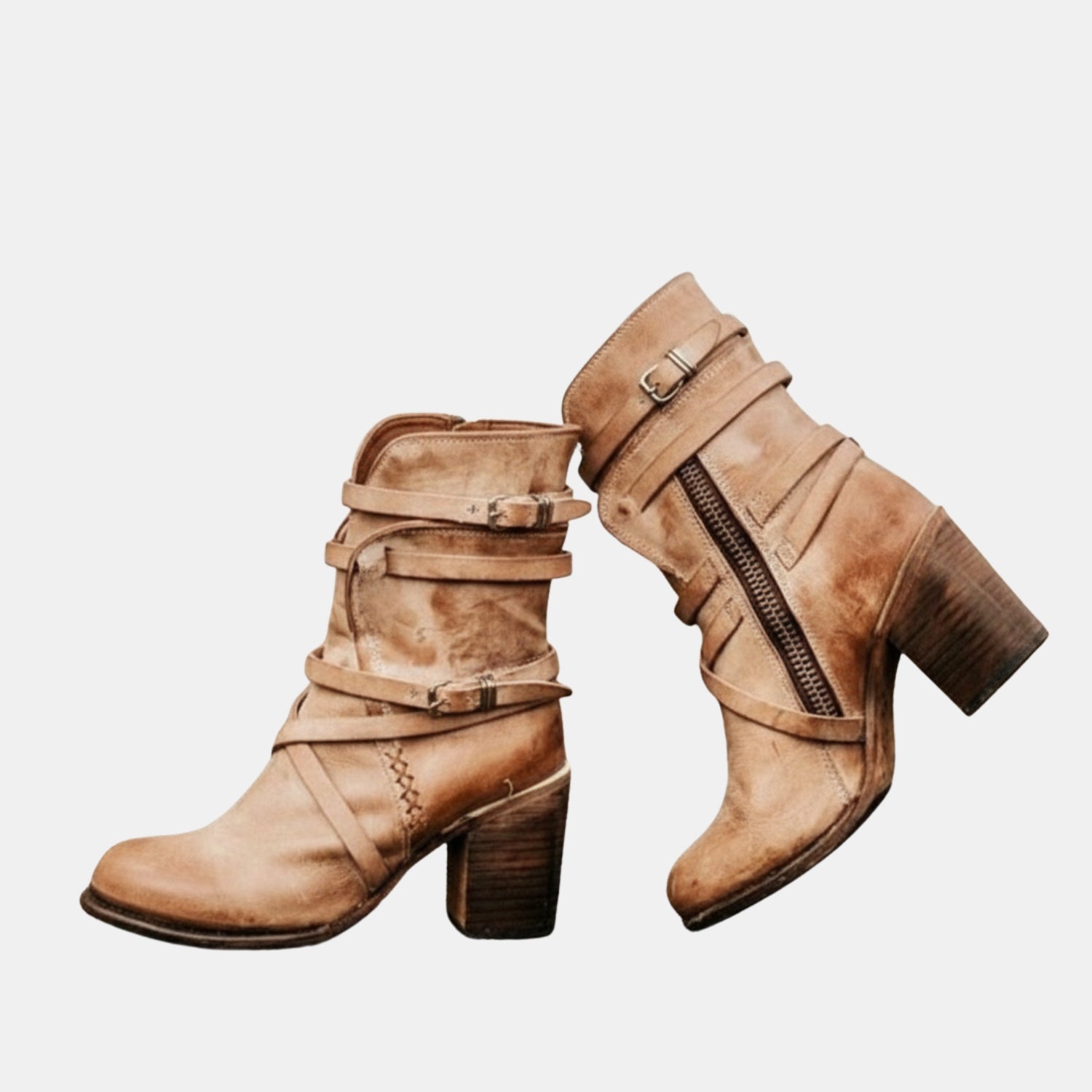 Damen Leder-Stiefeletten im Used-Look mit Schnallen & Markantem Blockabsatz von Orren & Valé