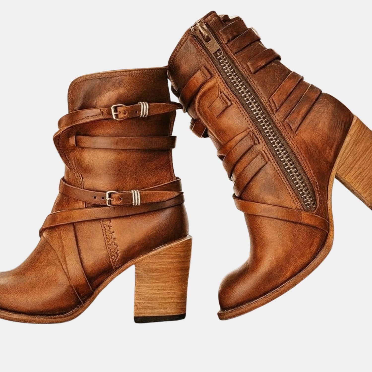 Damen Leder-Stiefeletten im Used-Look mit Schnallen & Markantem Blockabsatz von Orren & Valé