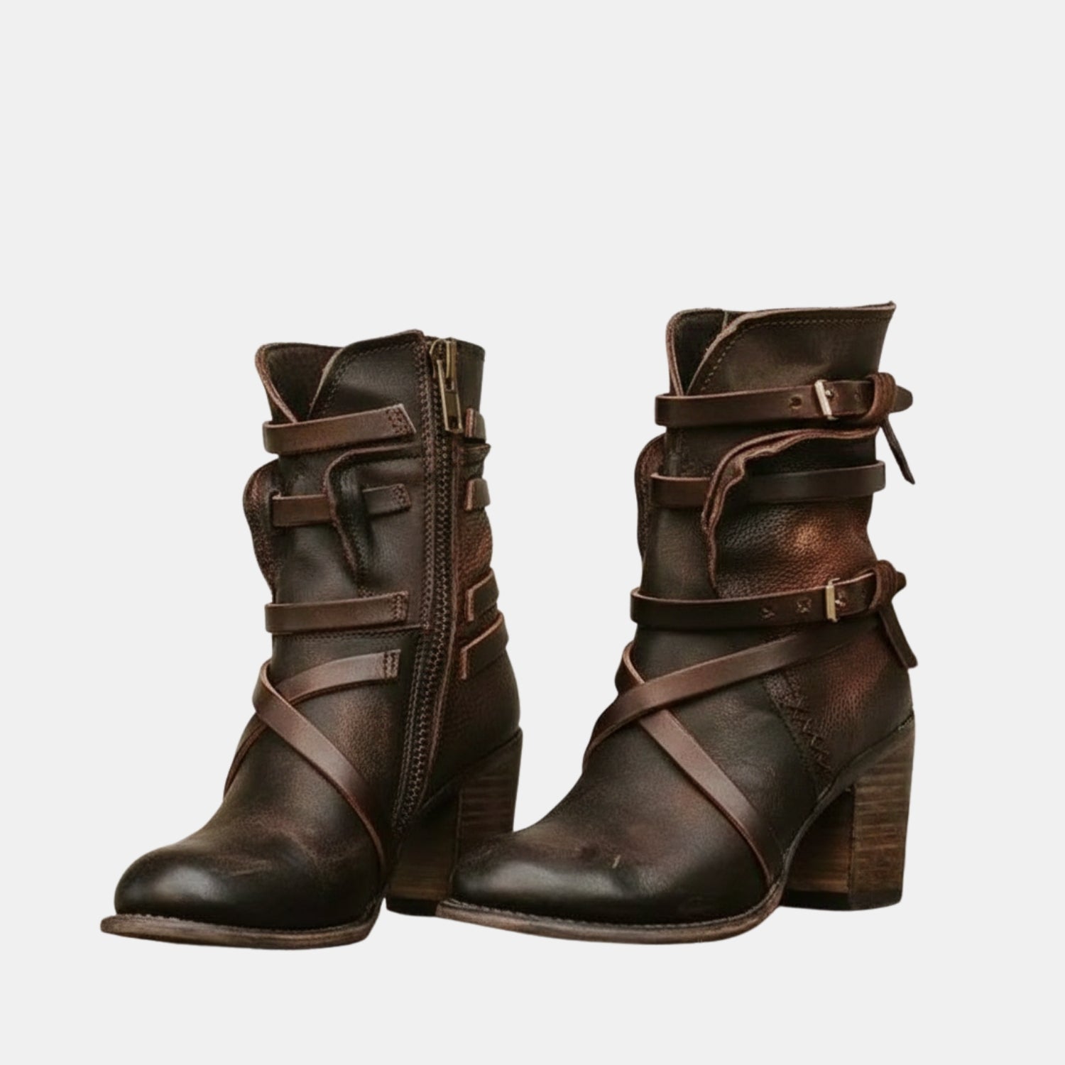 Damen Leder-Stiefeletten im Used-Look mit Schnallen & Markantem Blockabsatz von Orren & Valé