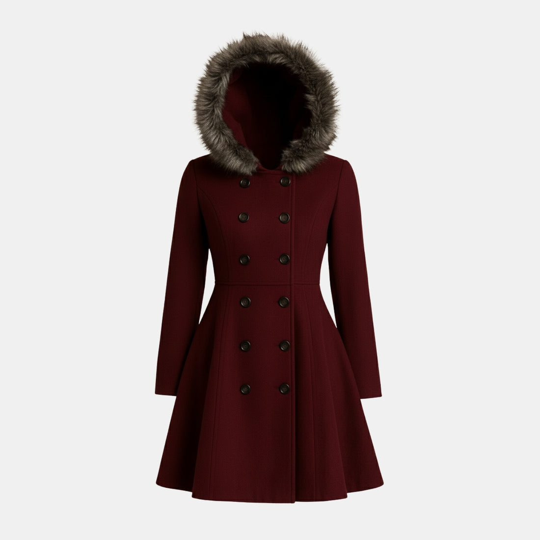 Damen Doppelreihiger Wintermantel mit Fellkapuze von Orren & Valé 