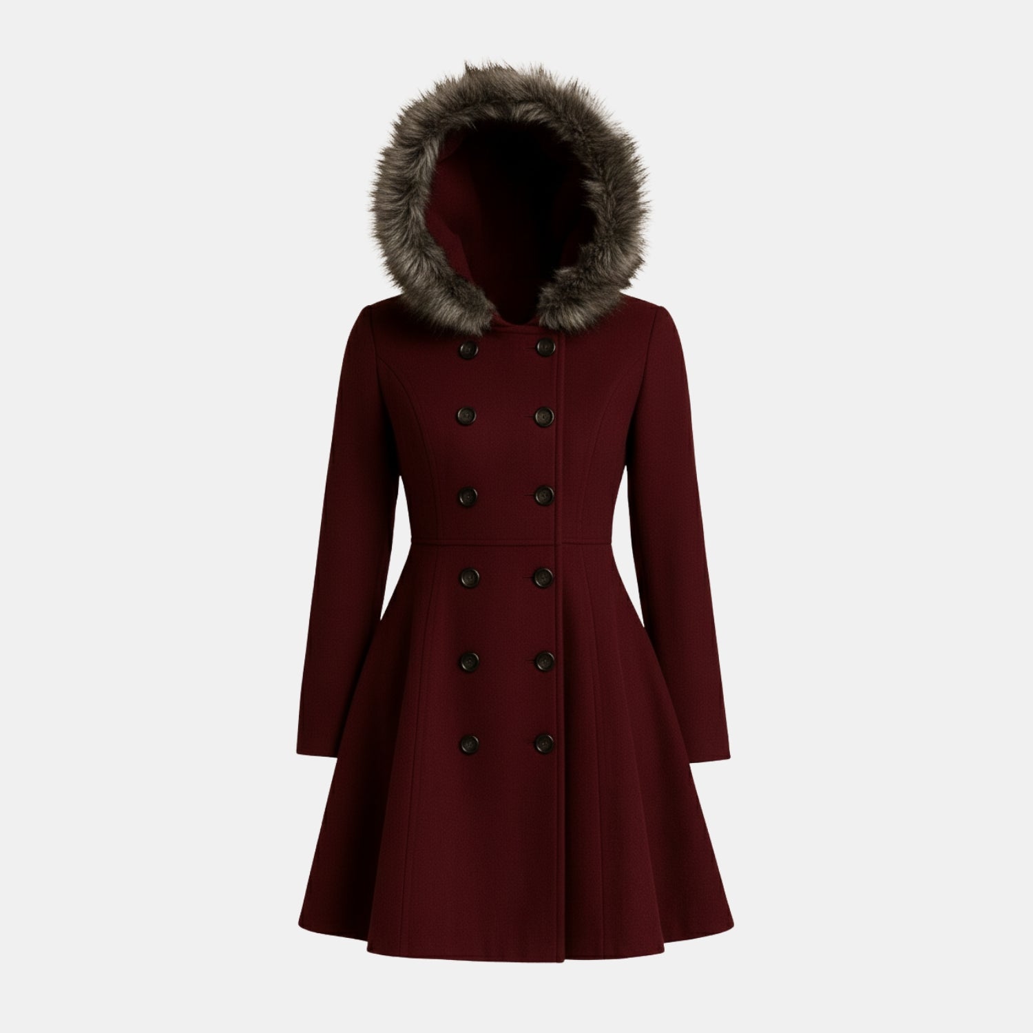 Damen Doppelreihiger Wintermantel mit Fellkapuze von Orren & Valé 