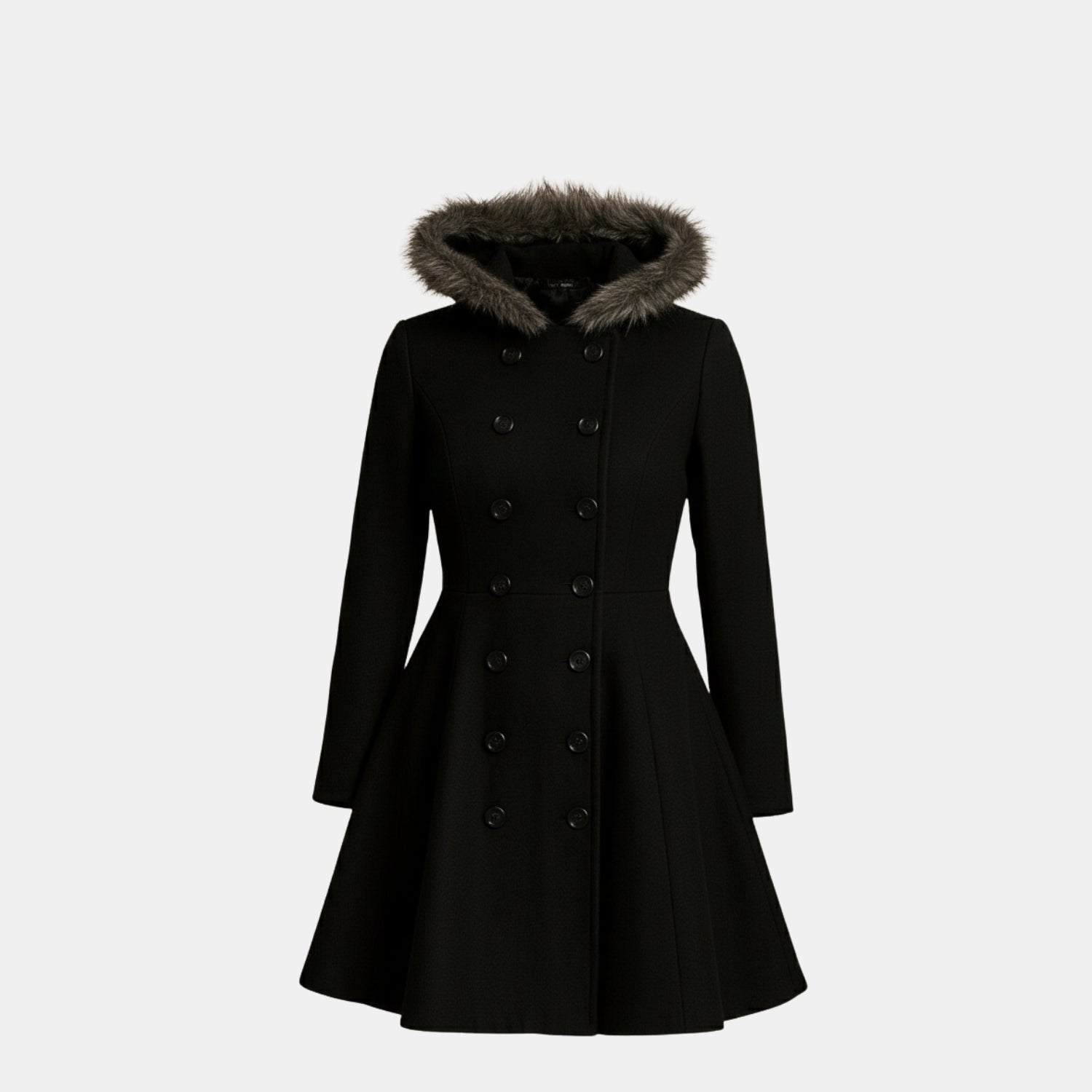 Damen Doppelreihiger Wintermantel mit Fellkapuze von Orren & Valé 