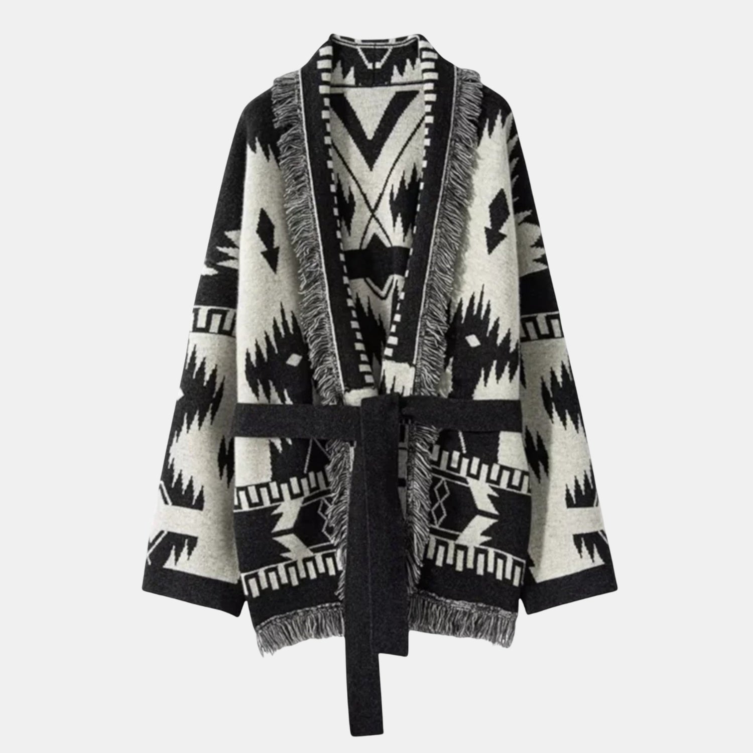 Damen Kaschmir-Strickjacke mit Fransen – 100% Cashmere Cardigan im Vintage-Jacquard-Design