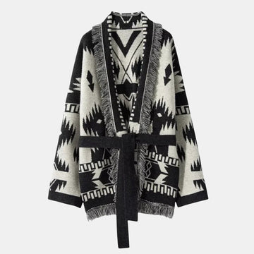 Damen Kaschmir-Strickjacke mit Fransen – 100% Cashmere Cardigan im Vintage-Jacquard-Design