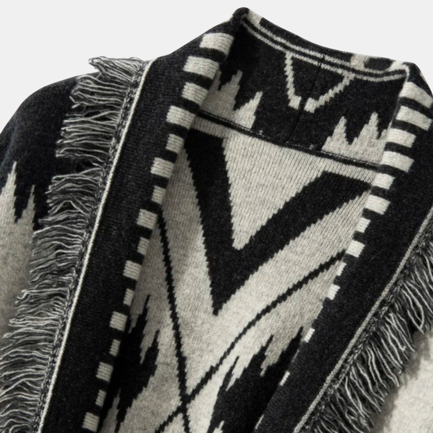 Damen Kaschmir-Strickjacke mit Fransen – 100% Cashmere Cardigan im Vintage-Jacquard-Design