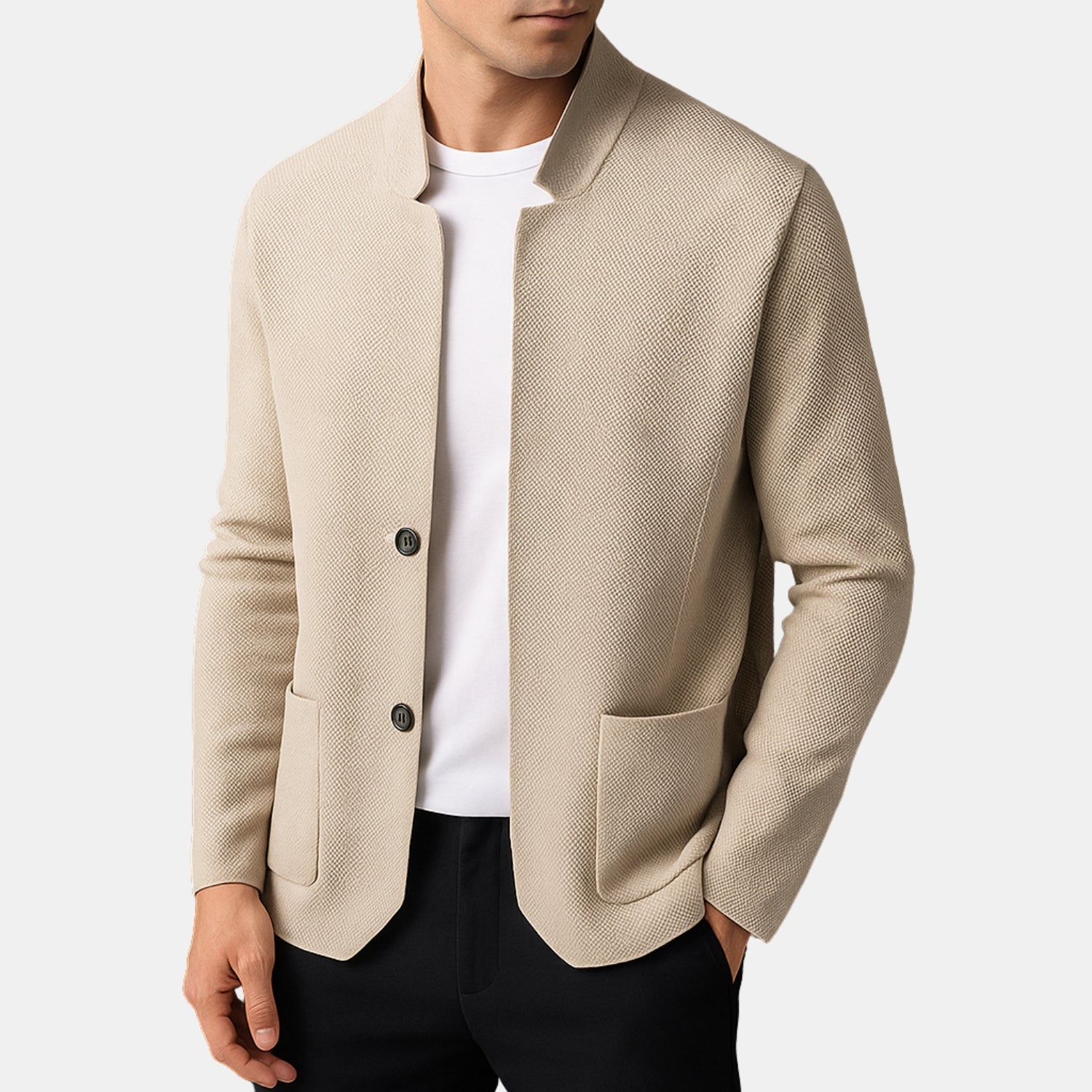 Herren Knit Cardigan im Clean-Look – Stehkragen, 2-Knopf-Leiste & Alltags-Taschen von Orren & Valé 