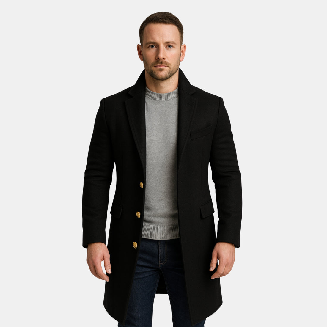 Herren Langmantel in Schwarz – Einreihiger Eleganz-Mantel mit goldenen Zierknöpfen von Orren & Valé 