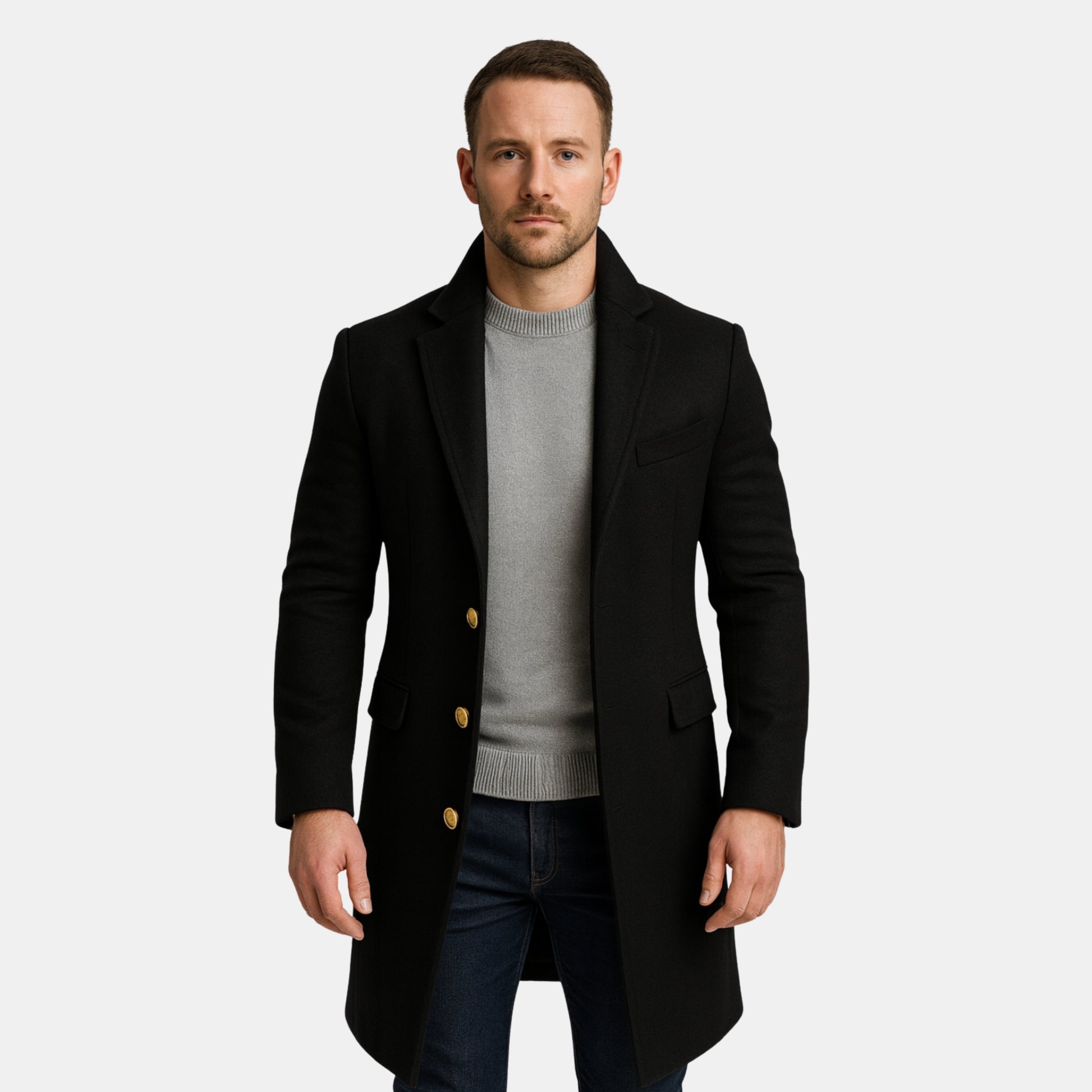 Herren Langmantel in Schwarz – Einreihiger Eleganz-Mantel mit goldenen Zierknöpfen von Orren & Valé 