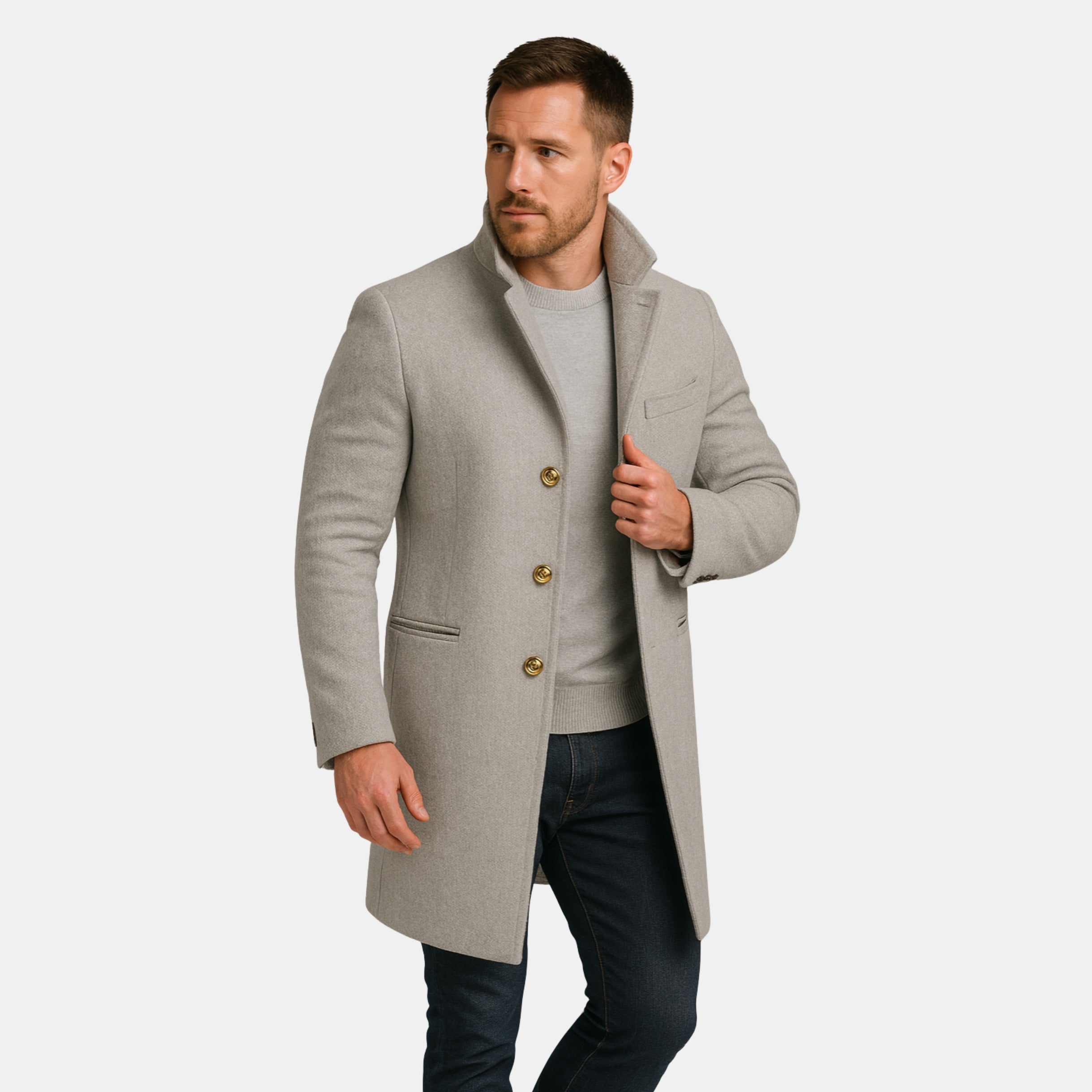 Herren Langmantel in Schwarz – Einreihiger Eleganz-Mantel mit goldenen Zierknöpfen von Orren & Valé 