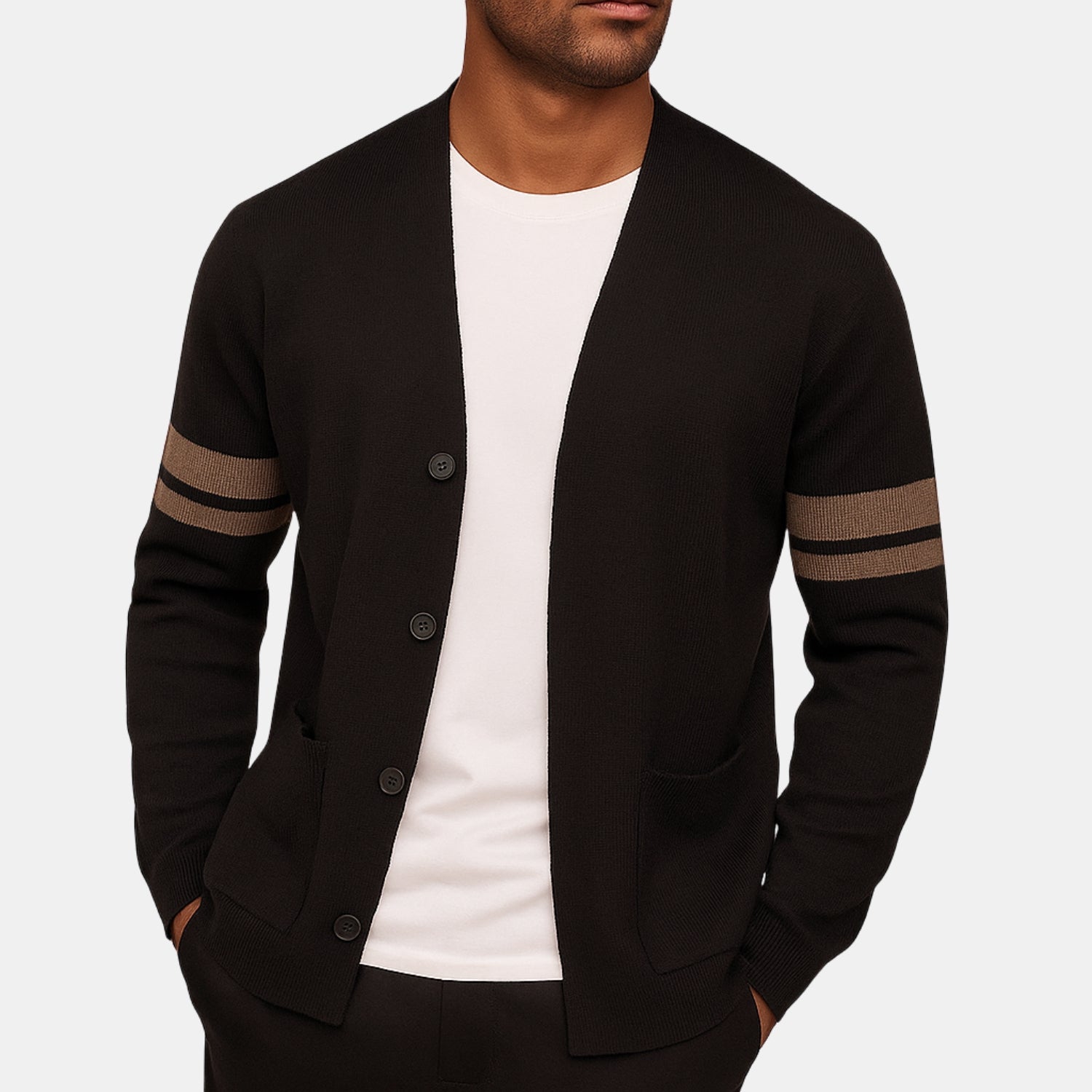 Orren & Valé Herren Merino-Mix Strickcardigan mit Ärmelstreifen & Taschen