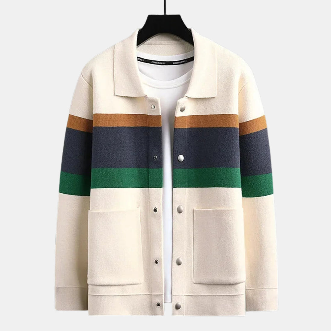 Herren Signatur-Strickcardigan mit Kragen – Gestreiftes Strickjackett mit Druckknöpfen & aufgesetzten Taschen von Orren & Valé 