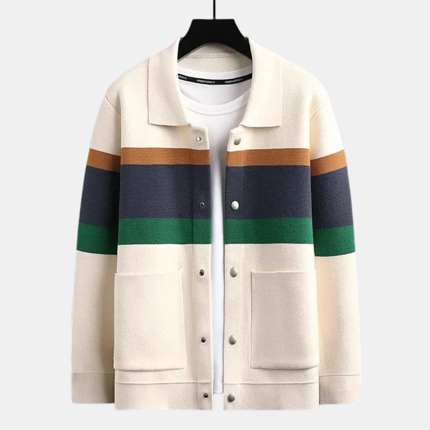 Herren Signatur-Strickcardigan mit Kragen – Gestreiftes Strickjackett mit Druckknöpfen & aufgesetzten Taschen von Orren & Valé 