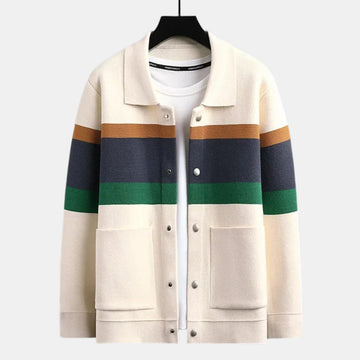 Herren Signatur-Strickcardigan mit Kragen – Gestreiftes Strickjackett mit Druckknöpfen & aufgesetzten Taschen von Orren & Valé 