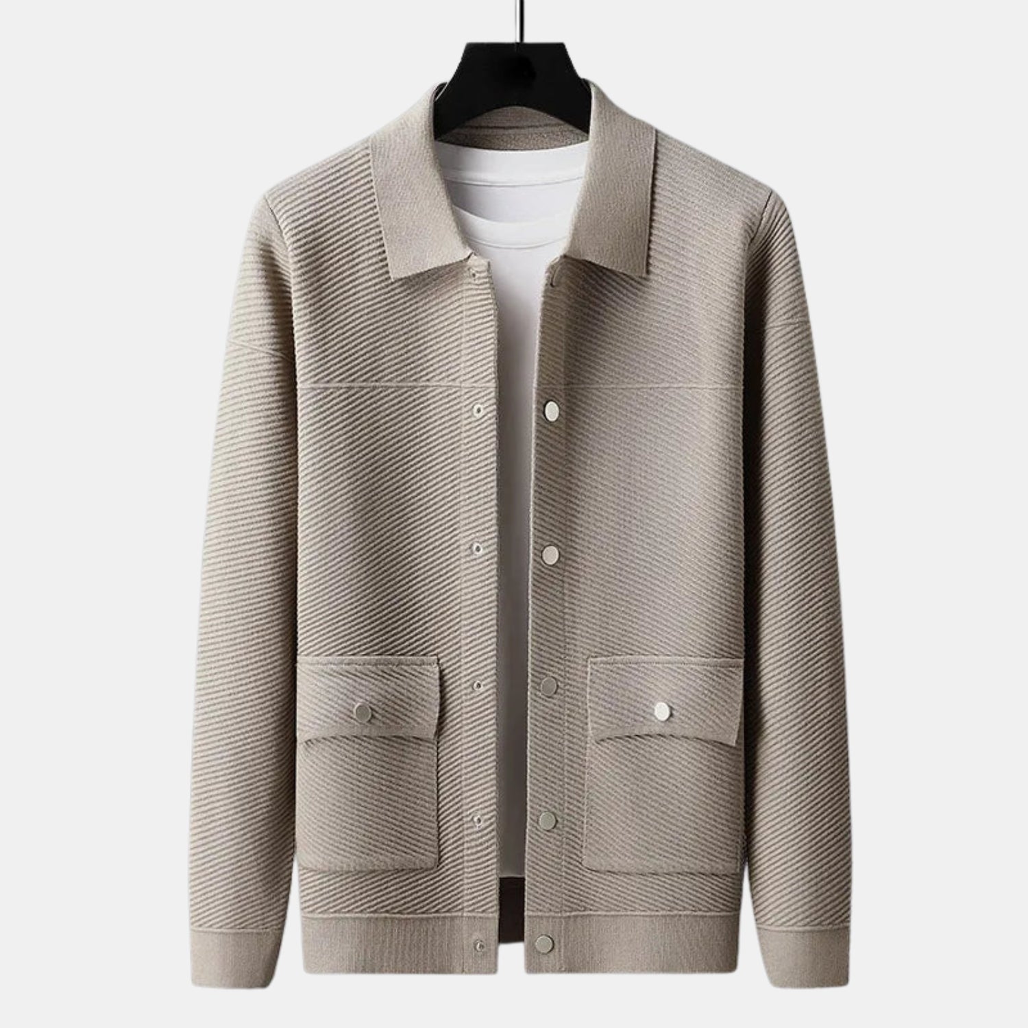 Herren Strick-Overshirt mit Kragen – Druckknopfjacke mit Klappentaschen von Orren & Valé 