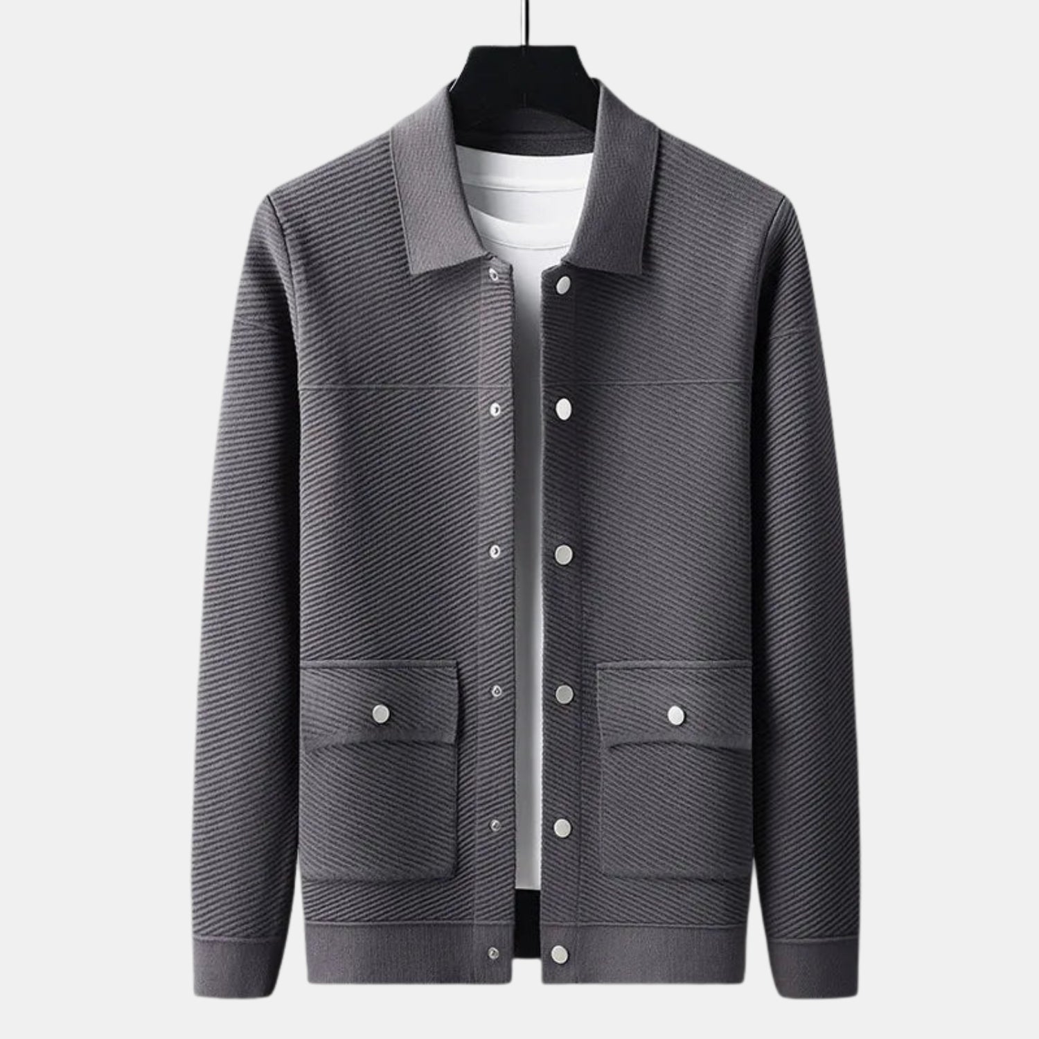 Herren Strick-Overshirt mit Kragen – Druckknopfjacke mit Klappentaschen von Orren & Valé 