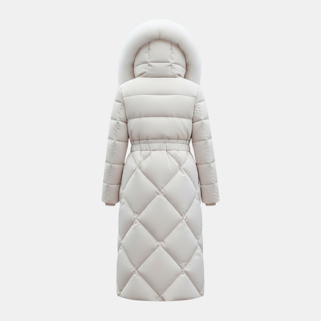 Damen-Winter-Daunenjacke mit Kapuzenbesatz in Beige, langer warmer Wintermantel für kalte Tage.
