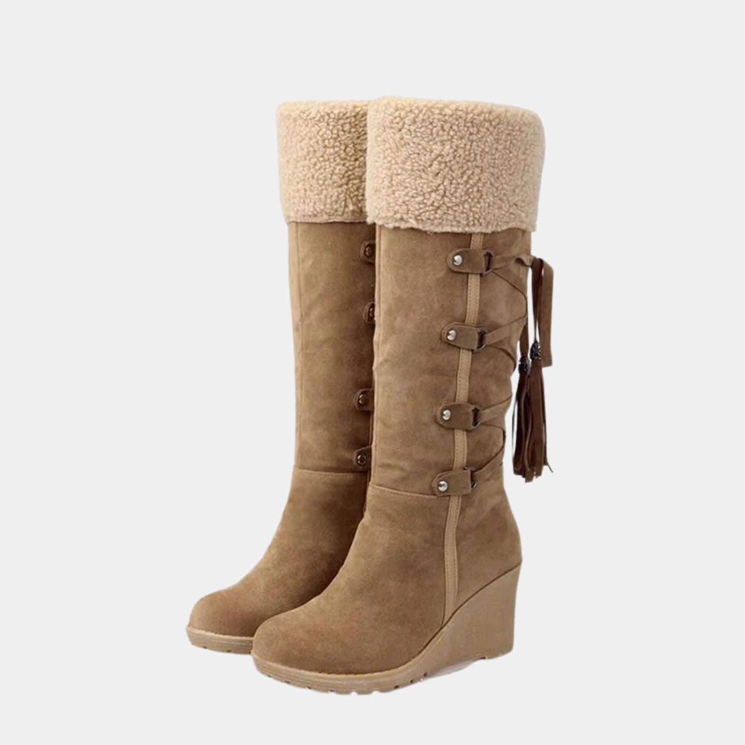 Braune Damen Winterstiefel mit kuscheligem Fellfutter und Keilabsatz – warme, rutschfeste Stiefel für kalte Wintertage