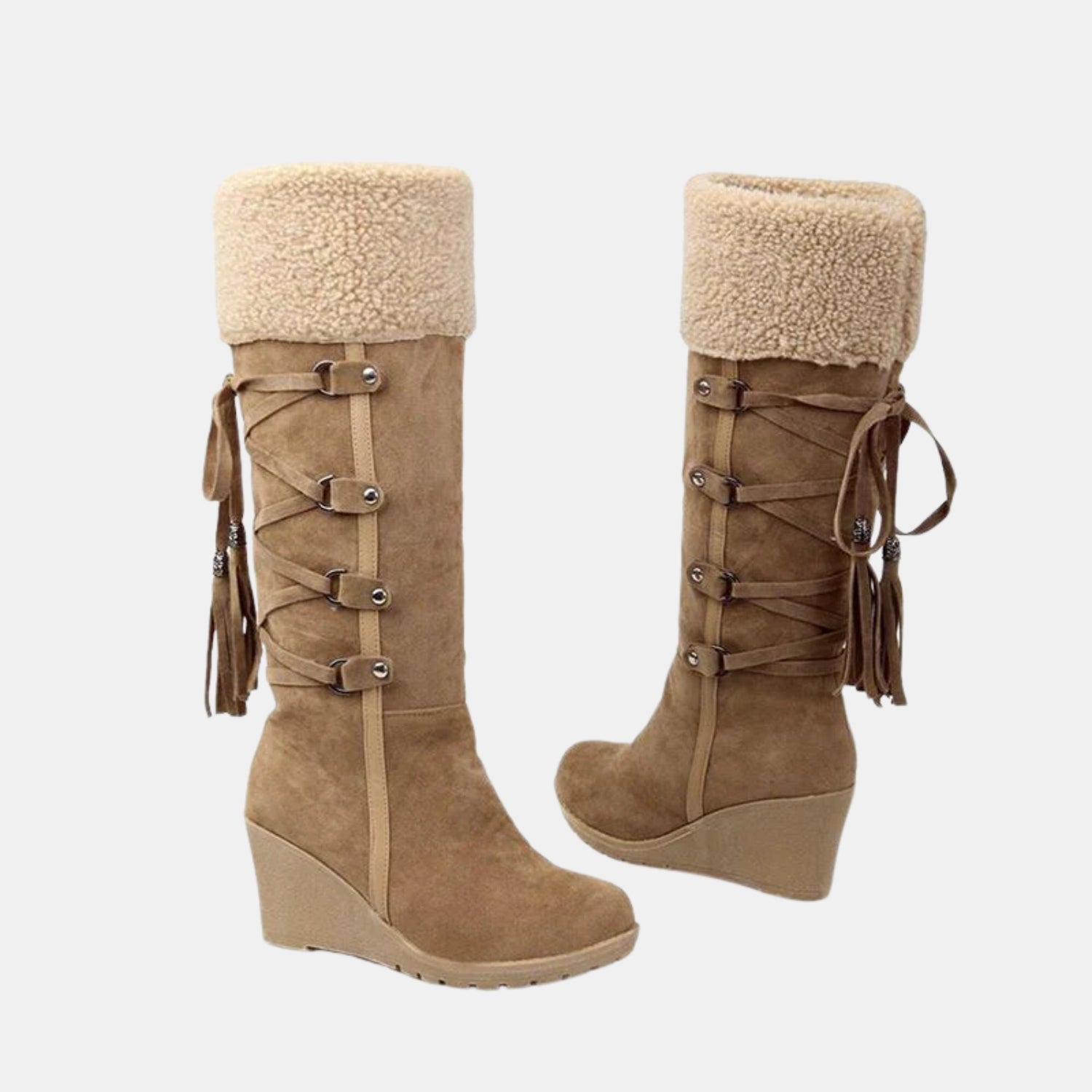 Braune Damen Winterstiefel mit kuscheligem Fellfutter und Keilabsatz – warme, rutschfeste Stiefel für kalte Wintertage