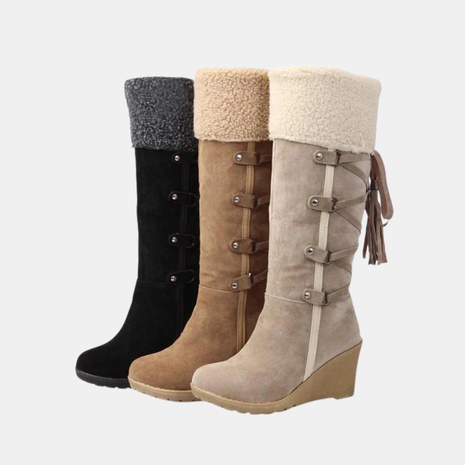Damen Winterstiefel mit Fellfutter und Keilabsatz in Schwarz, Braun und Hellbeige – warme und rutschfeste Winterstiefel in mehreren Farben