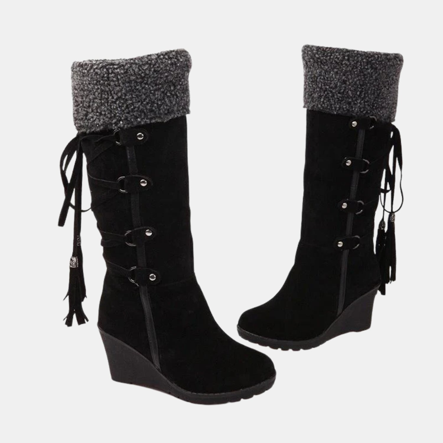 Damen Winterstiefel mit warmem Fellfutter und Keilabsatz in Schwarz – bequeme winterfeste Stiefel für kalte Tage