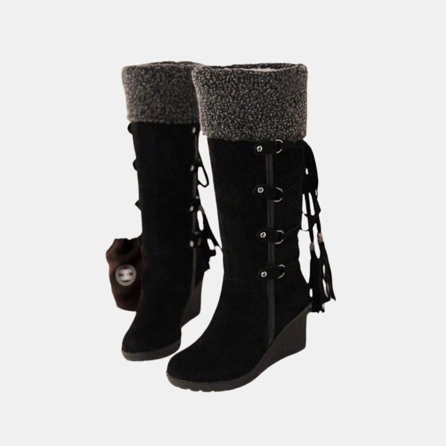 Damen Winterstiefel mit Fellfutter und Keilabsatz in Schwarz auf F0F0F0 Hintergrund – warme, rutschfeste Winterstiefel für kaltes Wetter