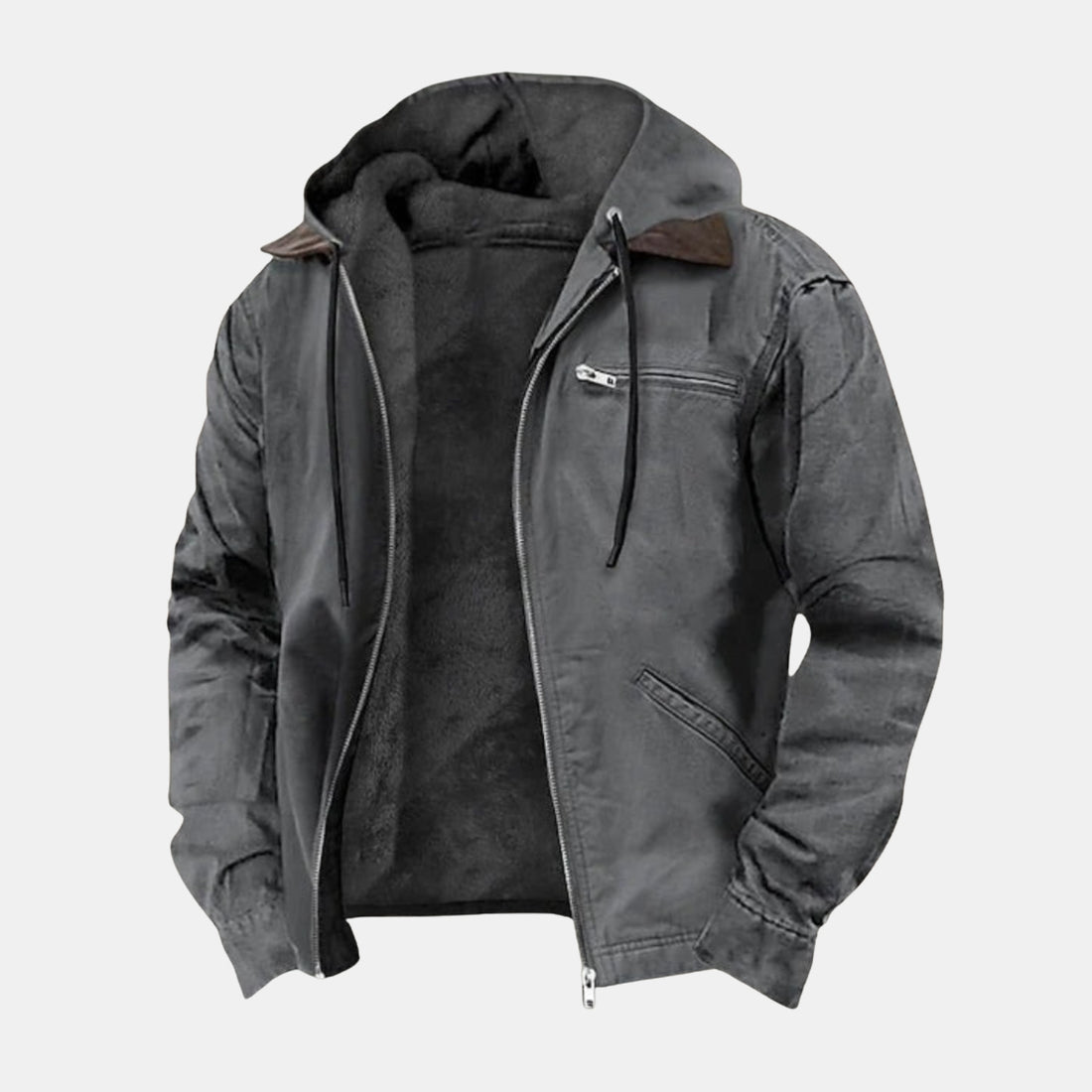 Elegante Herbstjacke für Herren in Grau – leichte Übergangsjacke im modernen Premium-Look mit Kapuze, Reißverschluss und warmem Innenfutter.