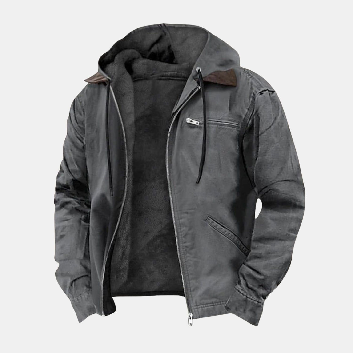 Elegante Herbstjacke für Herren in Grau – leichte Übergangsjacke im modernen Premium-Look mit Kapuze, Reißverschluss und warmem Innenfutter.
