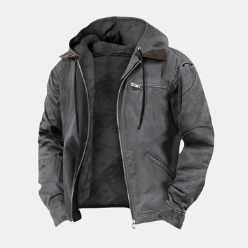 Elegante Herbstjacke für Herren in Grau – leichte Übergangsjacke im modernen Premium-Look mit Kapuze, Reißverschluss und warmem Innenfutter.