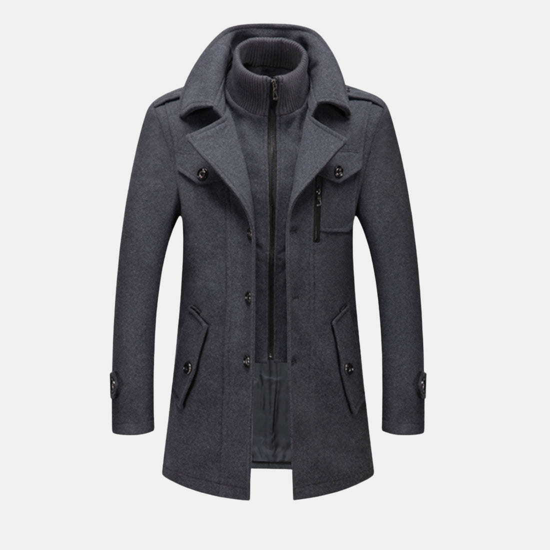 Eleganter Herren-Wintermantel in Anthrazit/Grau – klassischer, wärmender Mantel mit hohem Strickkragen und Reißverschluss für stilvolle Winter-Outfits