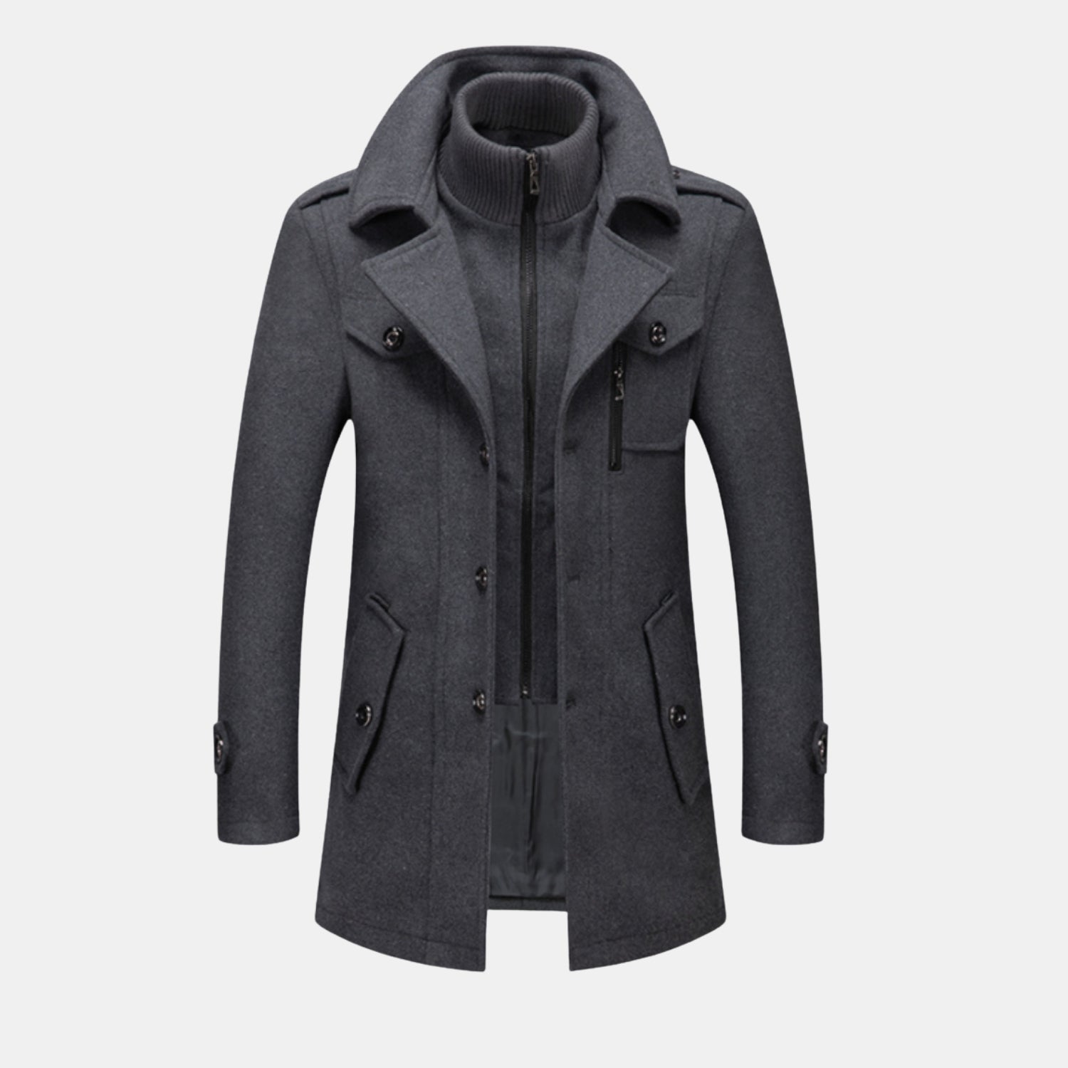 Eleganter Herren-Wintermantel in Anthrazit/Grau – klassischer, wärmender Mantel mit hohem Strickkragen und Reißverschluss für stilvolle Winter-Outfits