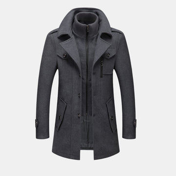 Eleganter Herren-Wintermantel in Anthrazit/Grau – klassischer, wärmender Mantel mit hohem Strickkragen und Reißverschluss für stilvolle Winter-Outfits