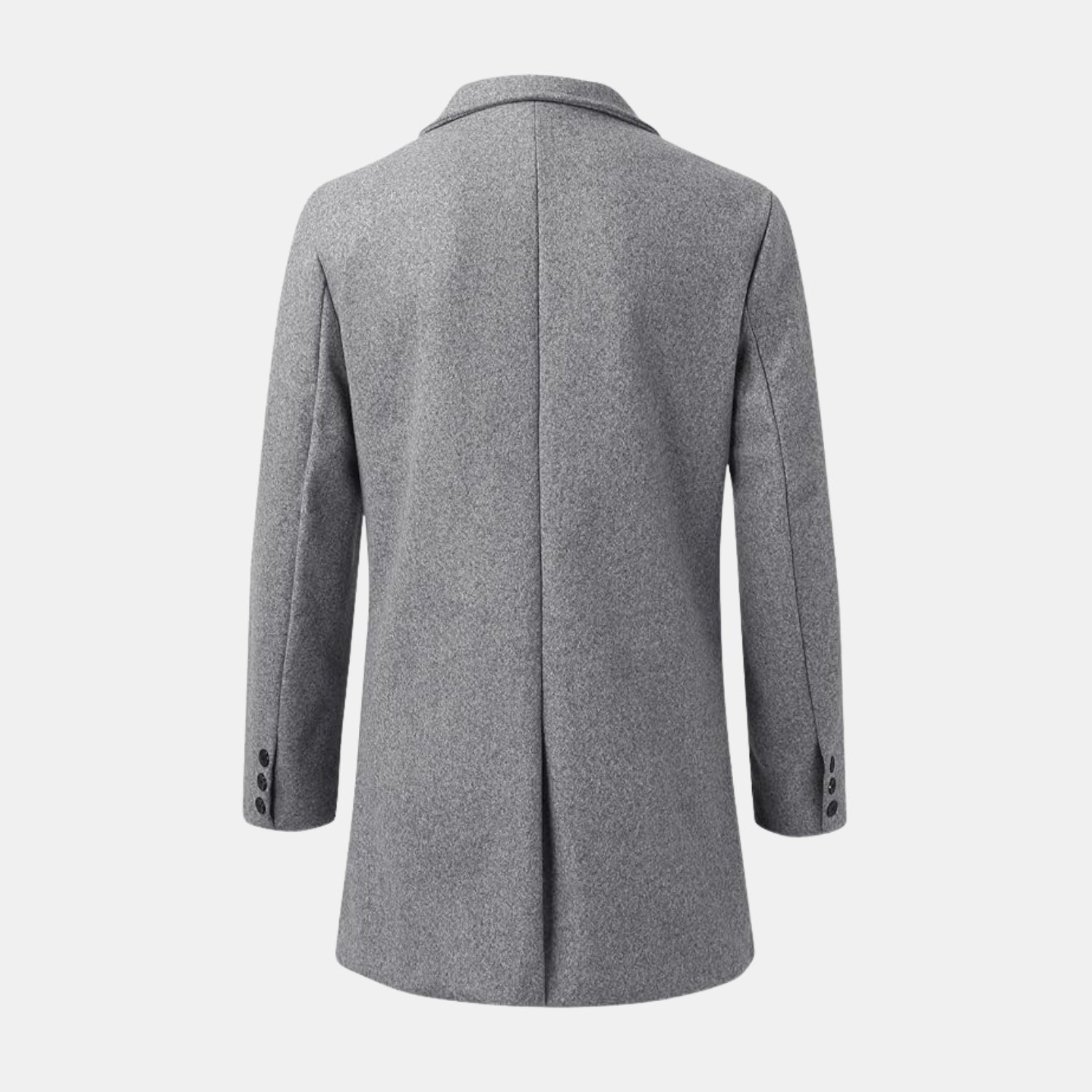 Rückseite des eleganten grauen Herrenmantels aus Wollmischung für den Winter
