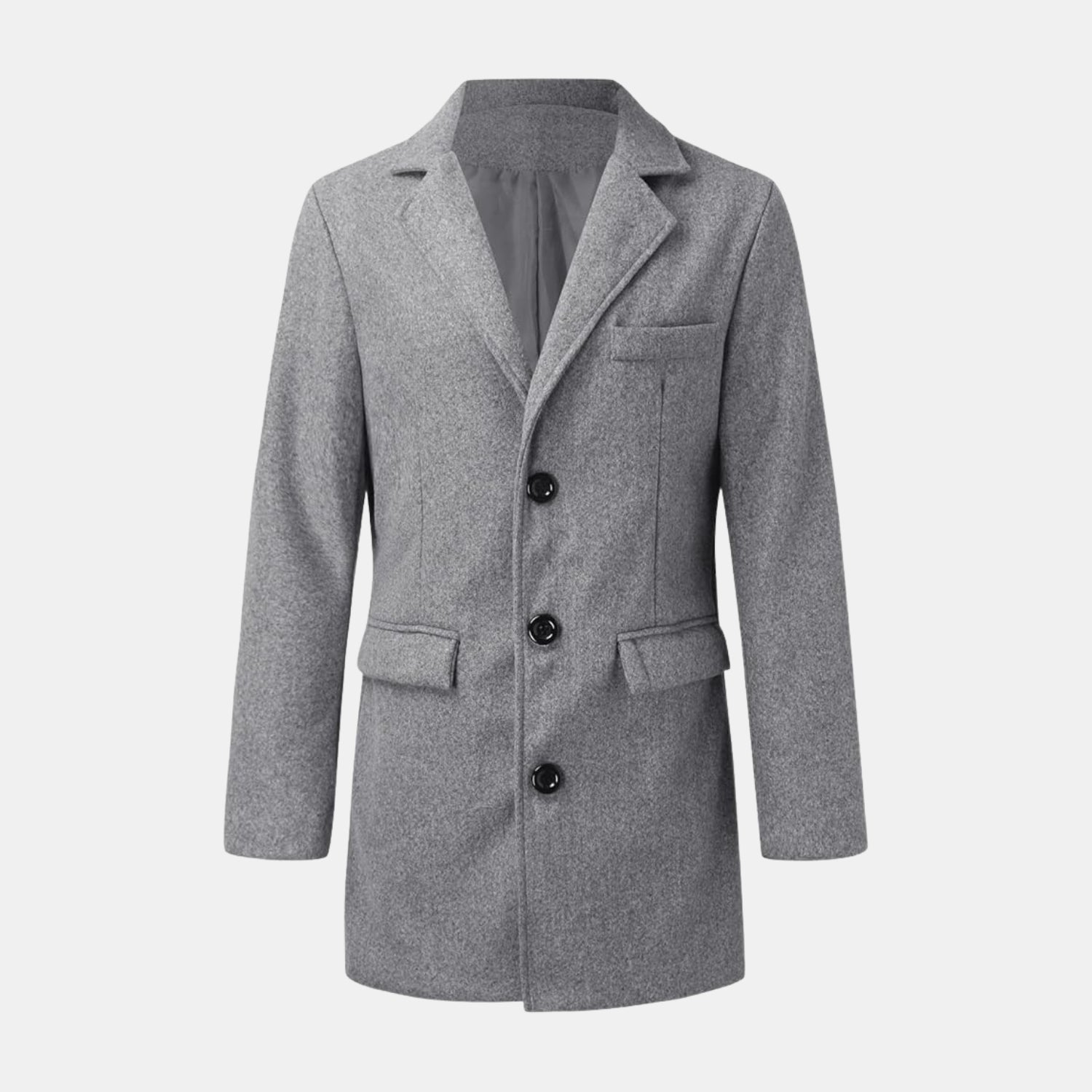 Eleganter grauer Herrenmantel aus hochwertiger Wollmischung für den Winter, Vorderansicht