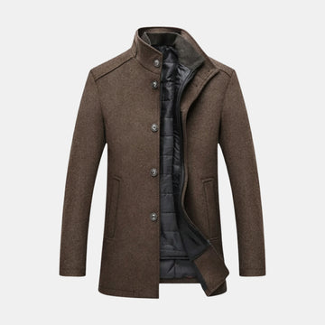 Herren-Wintermantel für kaltes Wetter in Braun, eleganter Wollmantel mit Stehkragen und warmer Innenfütterung
