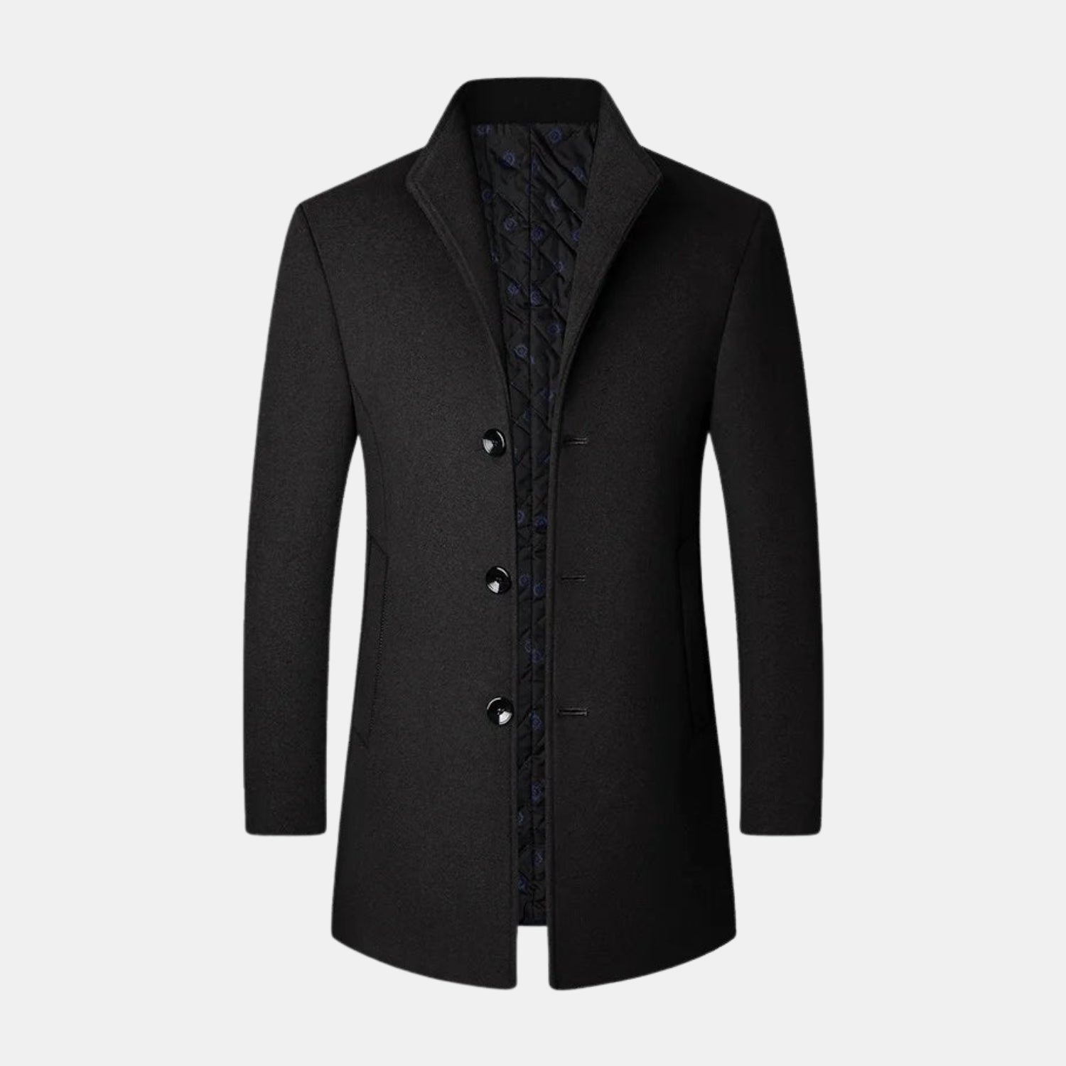 Schwarzer Herren-Wintermantel aus Wolle für kaltes Wetter – elegante Vorderansicht mit Stehkragen und Knopfleiste