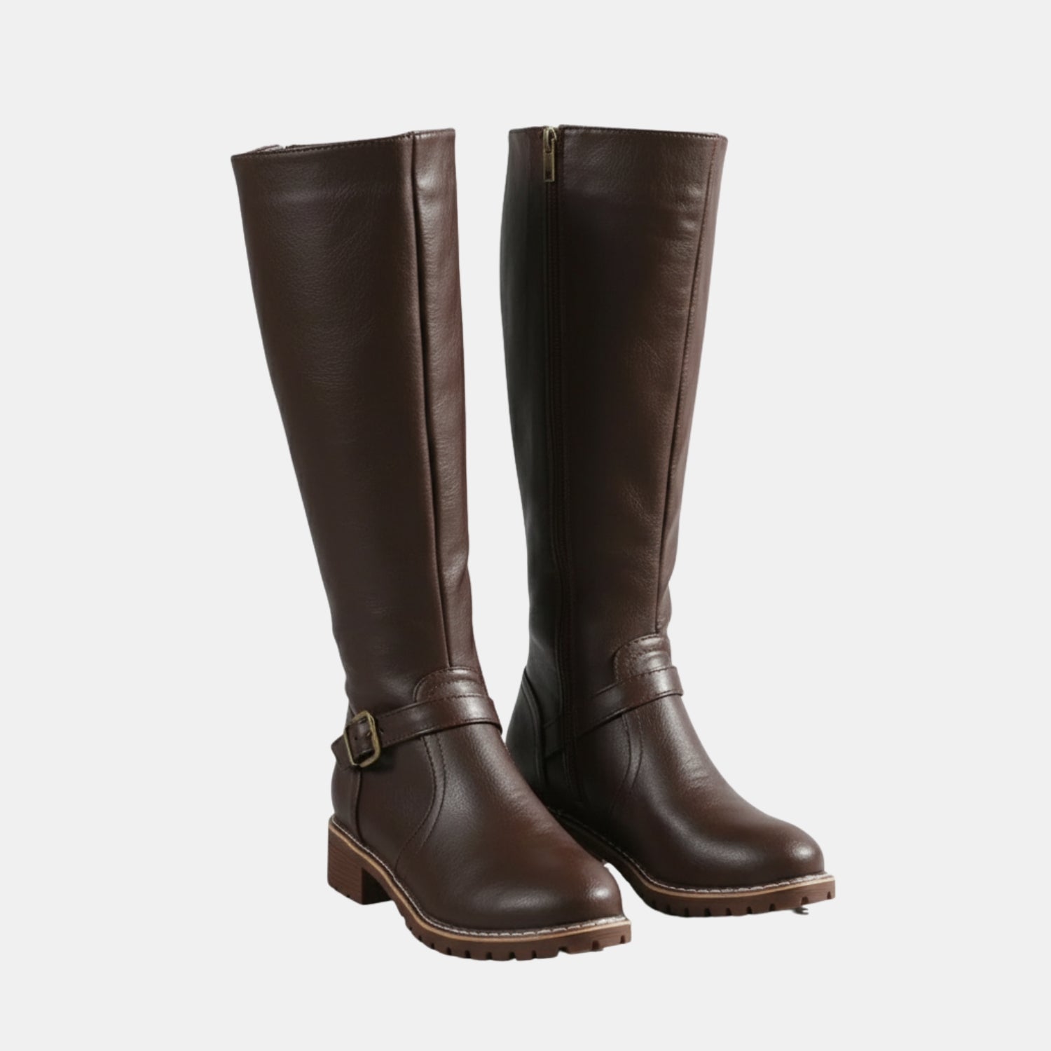 Klassische kniehohe Stiefel mit Schnalle für Damen in dunkelbrauner Farbe, robustes Profil und elegantes Design.
