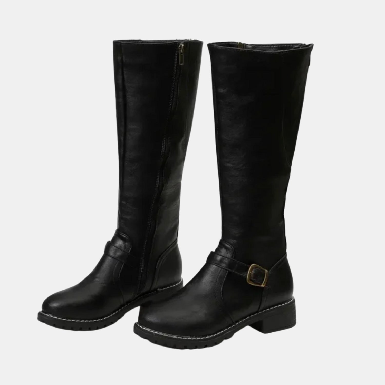 Klassische kniehohe Damenstiefel mit Schnalle in Schwarz, robuste Sohle und elegantes Design in der Frontansicht.
