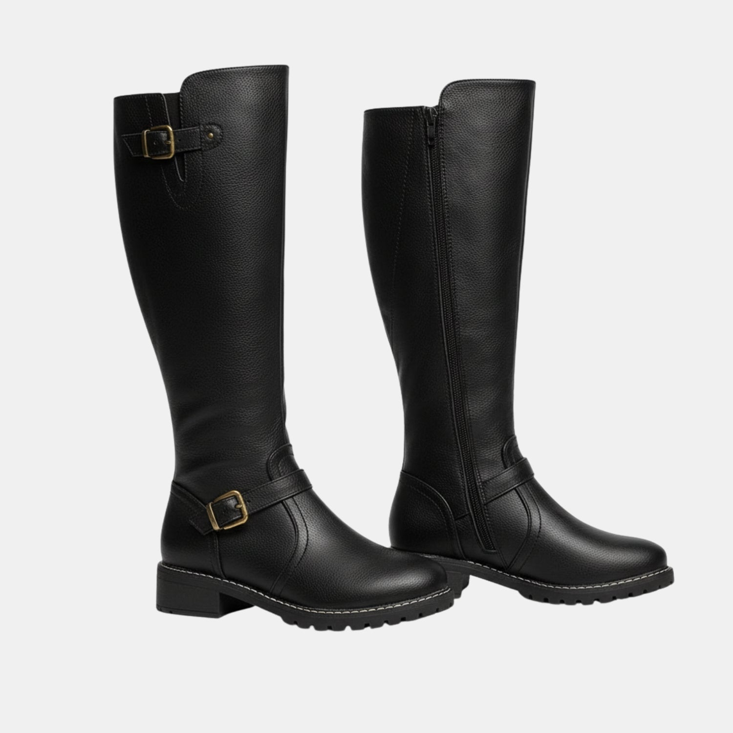 Klassische kniehohe Damenstiefel mit Schnalle in Schwarz, robuste Profilsohle und hochwertiges Lederdesign.
