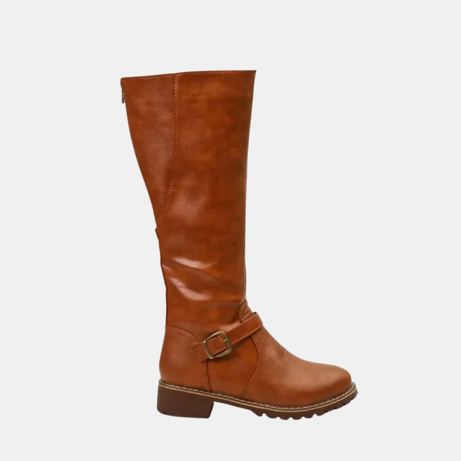 Seitenansicht der klassischen kniehohen Stiefel mit Schnalle für Damen in Braun, rutschfeste Sohle und elegantes Design.
