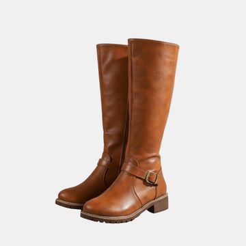 Klassische kniehohe Stiefel mit Schnalle für Damen in brauner Farbe, elegantes und bequemes Design.
