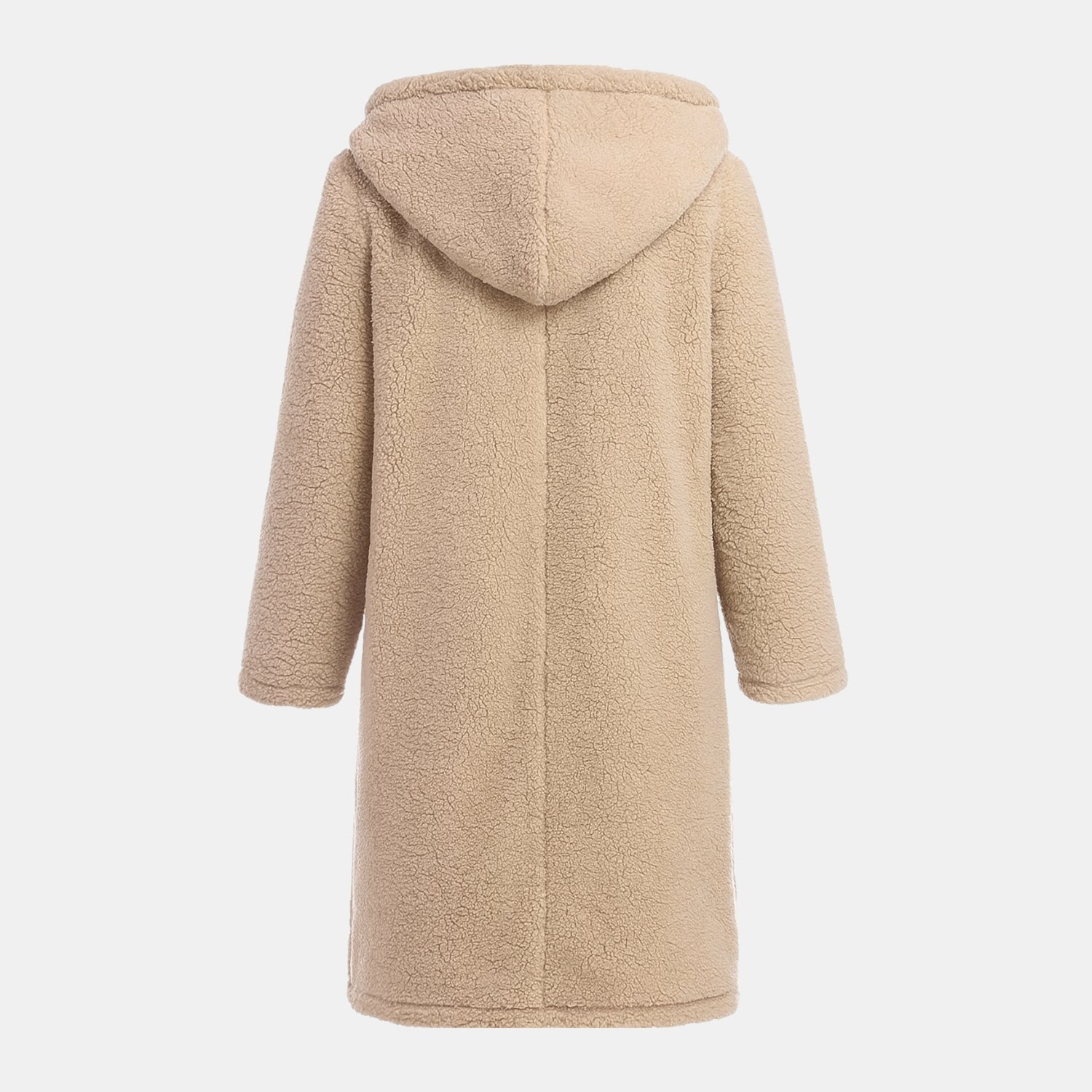 Rückseite des kuscheligen Teddy-Mantels in Langform mit Kapuze für Damen in Beige