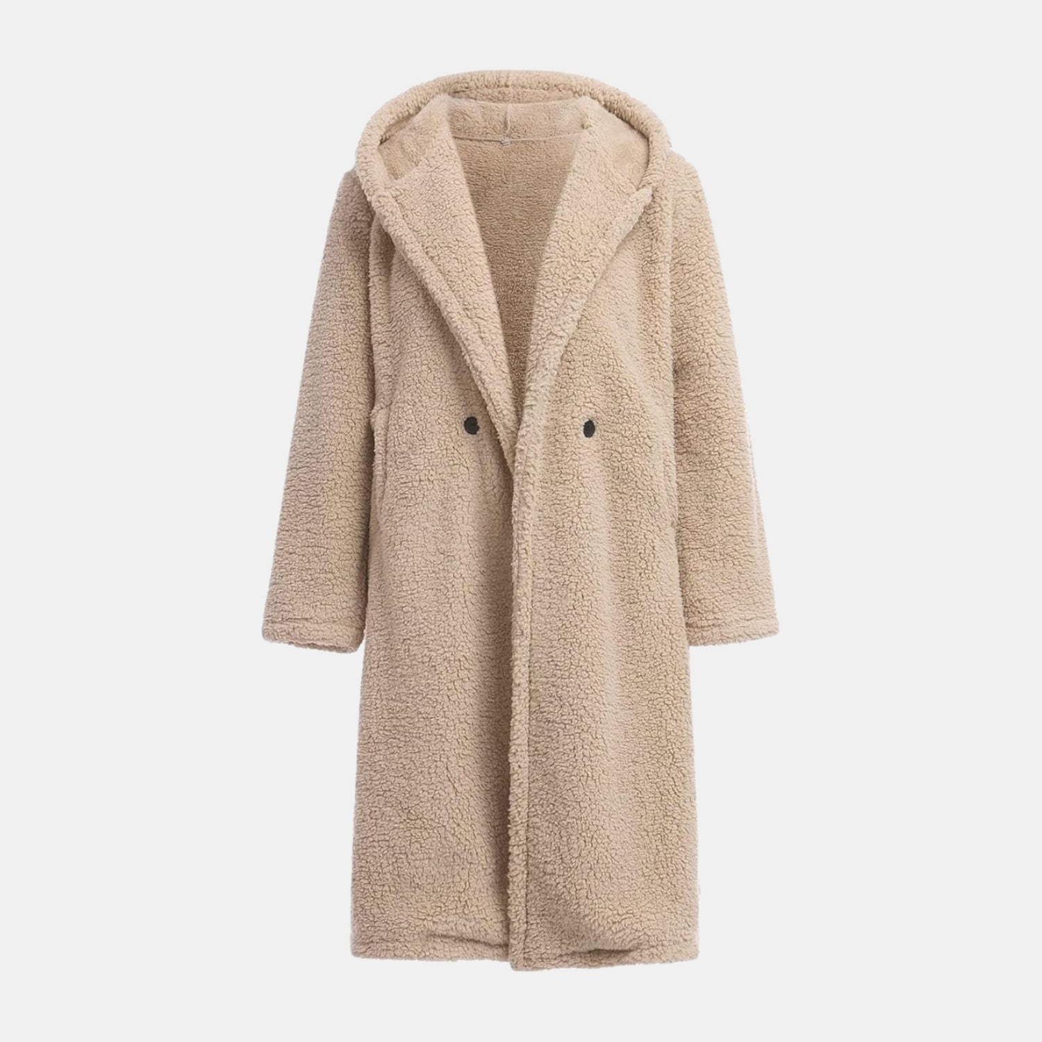 Kuscheliger Teddy-Mantel in Langform mit Kapuze für Damen in Beige – warmer Wintermantel aus Teddyfell