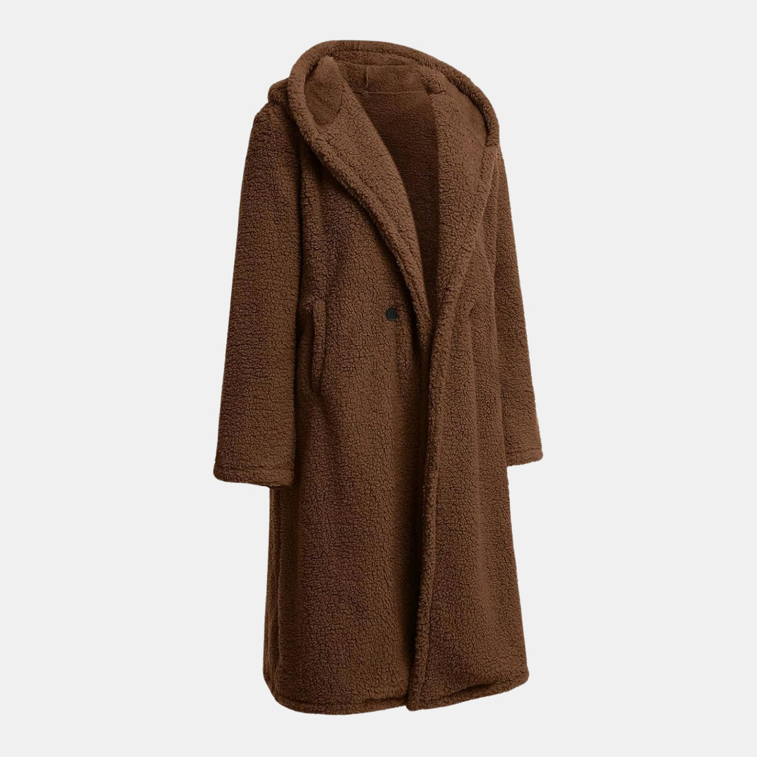 Kuscheliger Teddy-Mantel in Langform mit Kapuze für Damen in Braun – warmer Teddyfellmantel für den Winter